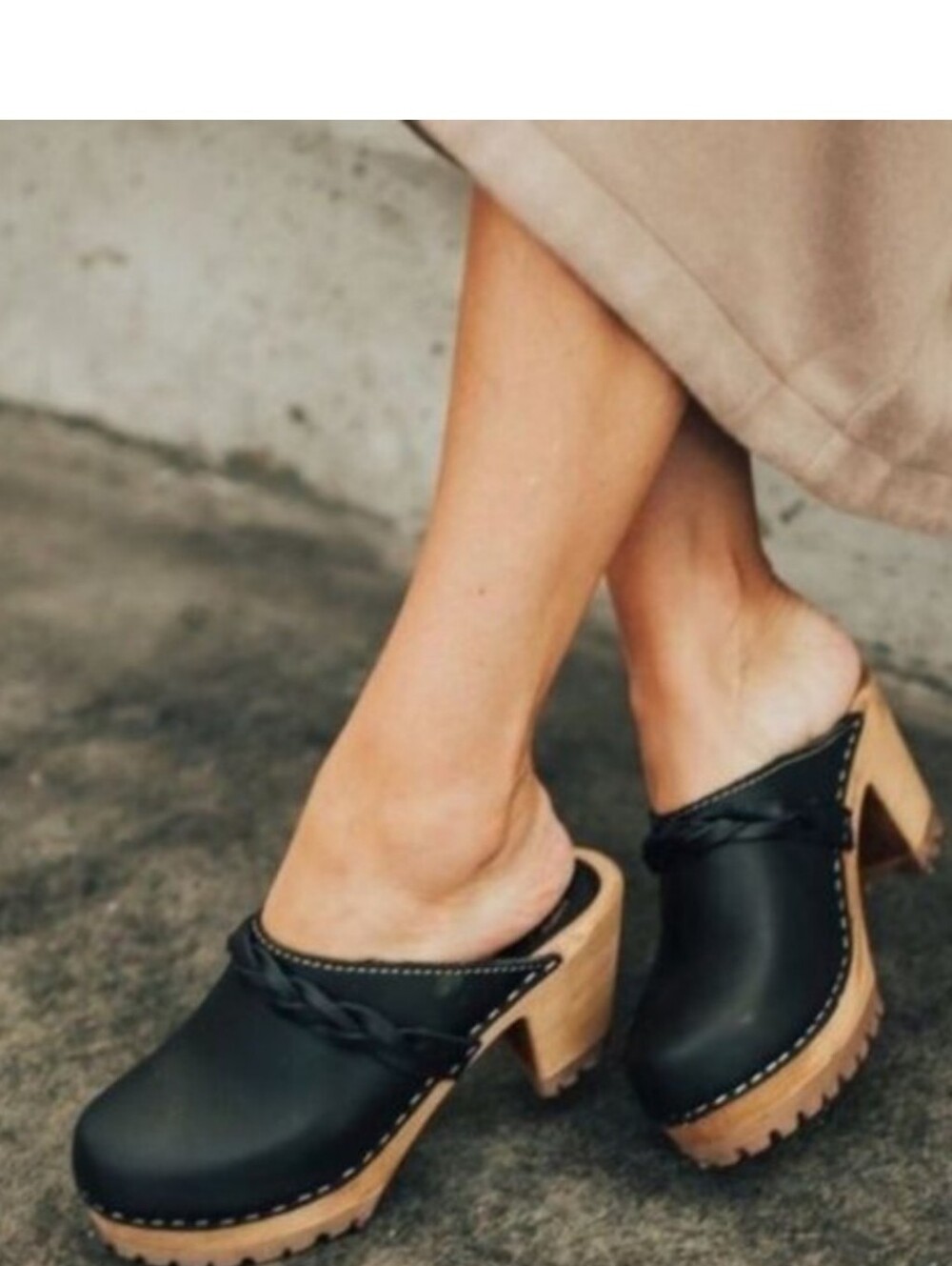 MIA Black Leather Braided Strap Clog Mule with Wood Heel